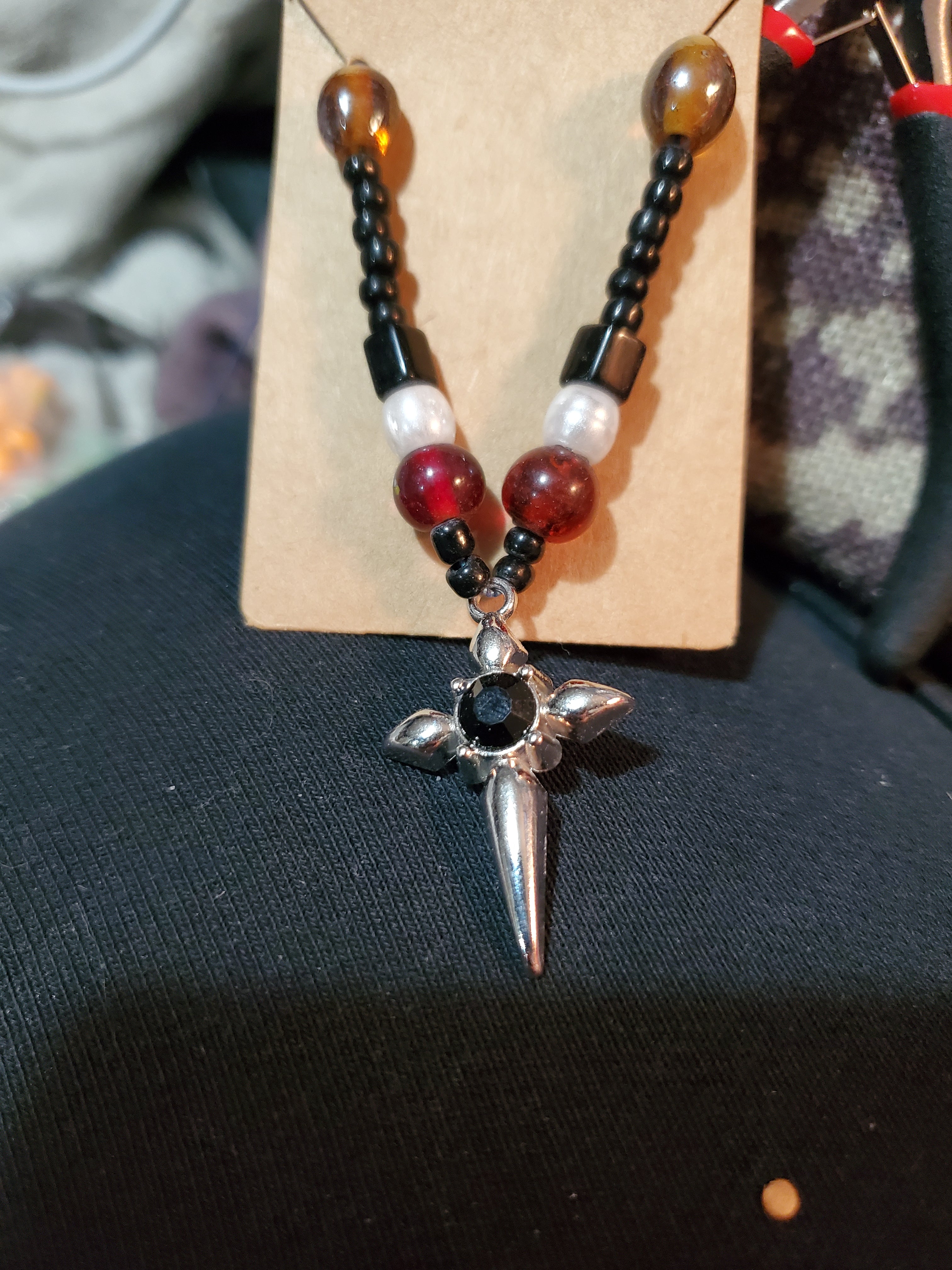 Glass Beaded Cross Charm Necklace